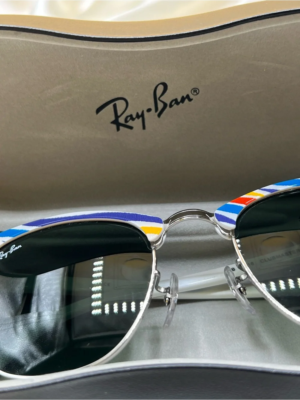 Ray-Ban Men’s Clubmaster Sunglasses with Multicolor Stripe Trim